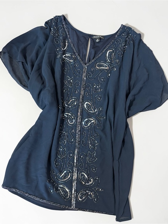 MARINA Tops - Marina Navy Sheer Beaded Sequin Tunic Top Bedazzled Y2K Glam M